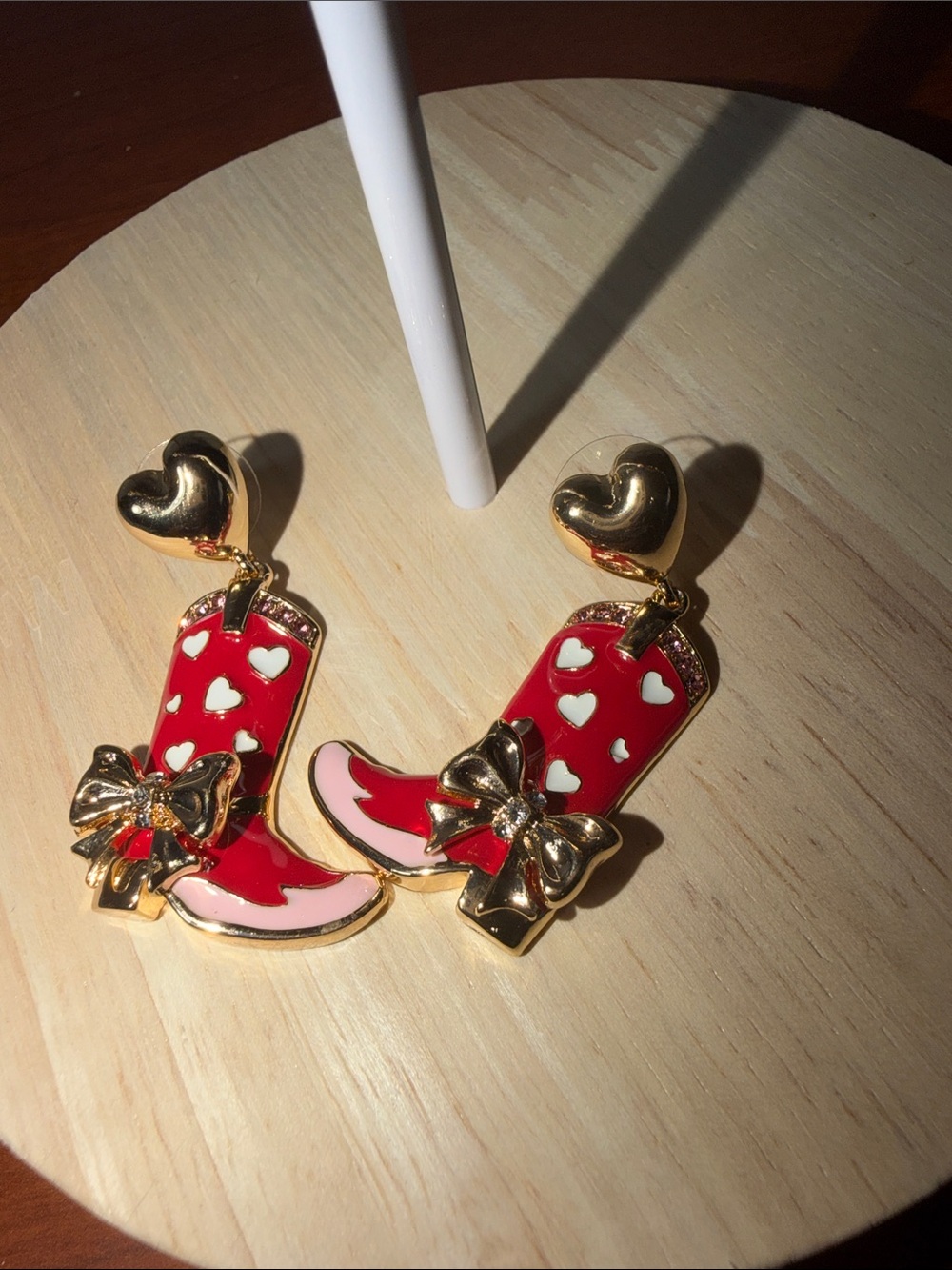 Gold Heart Top Red & Pink Cowboy Boot Earrings